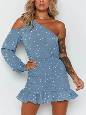 Slanted Collar Single-Sleeve Wooden Ear Polka Dot Dress