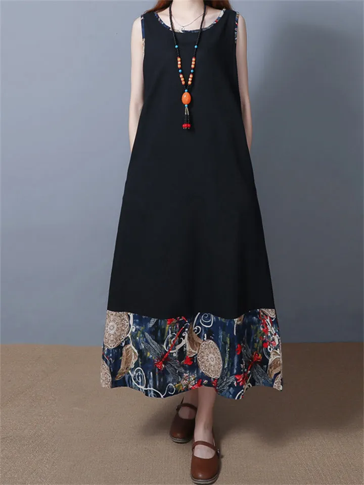 Sleeveless Round Neck Patchwork Long Dresses