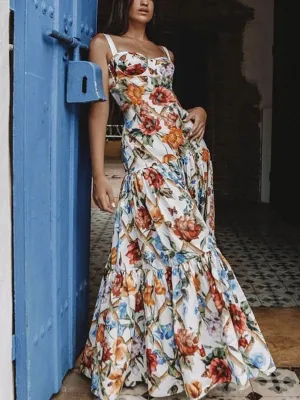 Sleeveless Sling Flower Print Maxi Dress