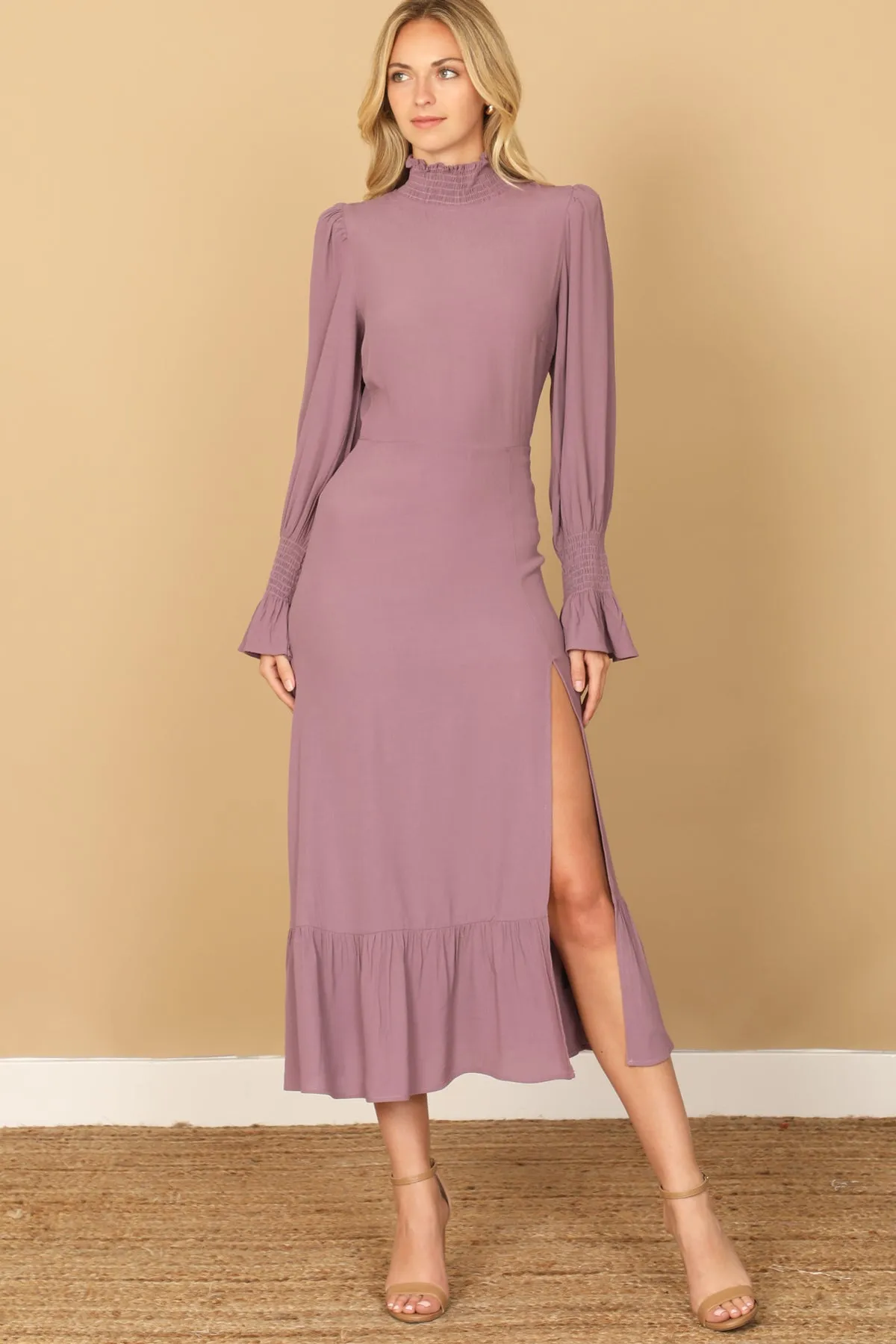 SMOCKED NECK AND LONG SLEEVE SIDE SLIT SOLID DRESS