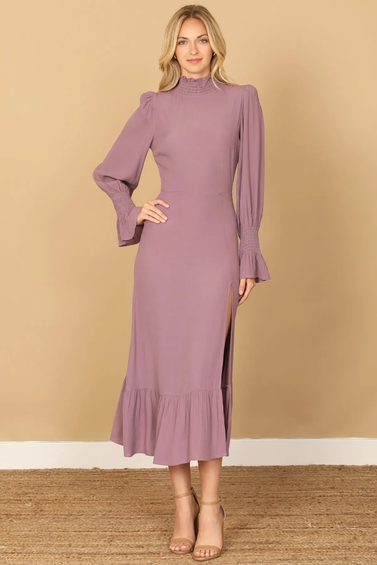 SMOCKED NECK AND LONG SLEEVE SIDE SLIT SOLID DRESS