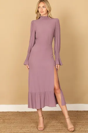 SMOCKED NECK AND LONG SLEEVE SIDE SLIT SOLID DRESS