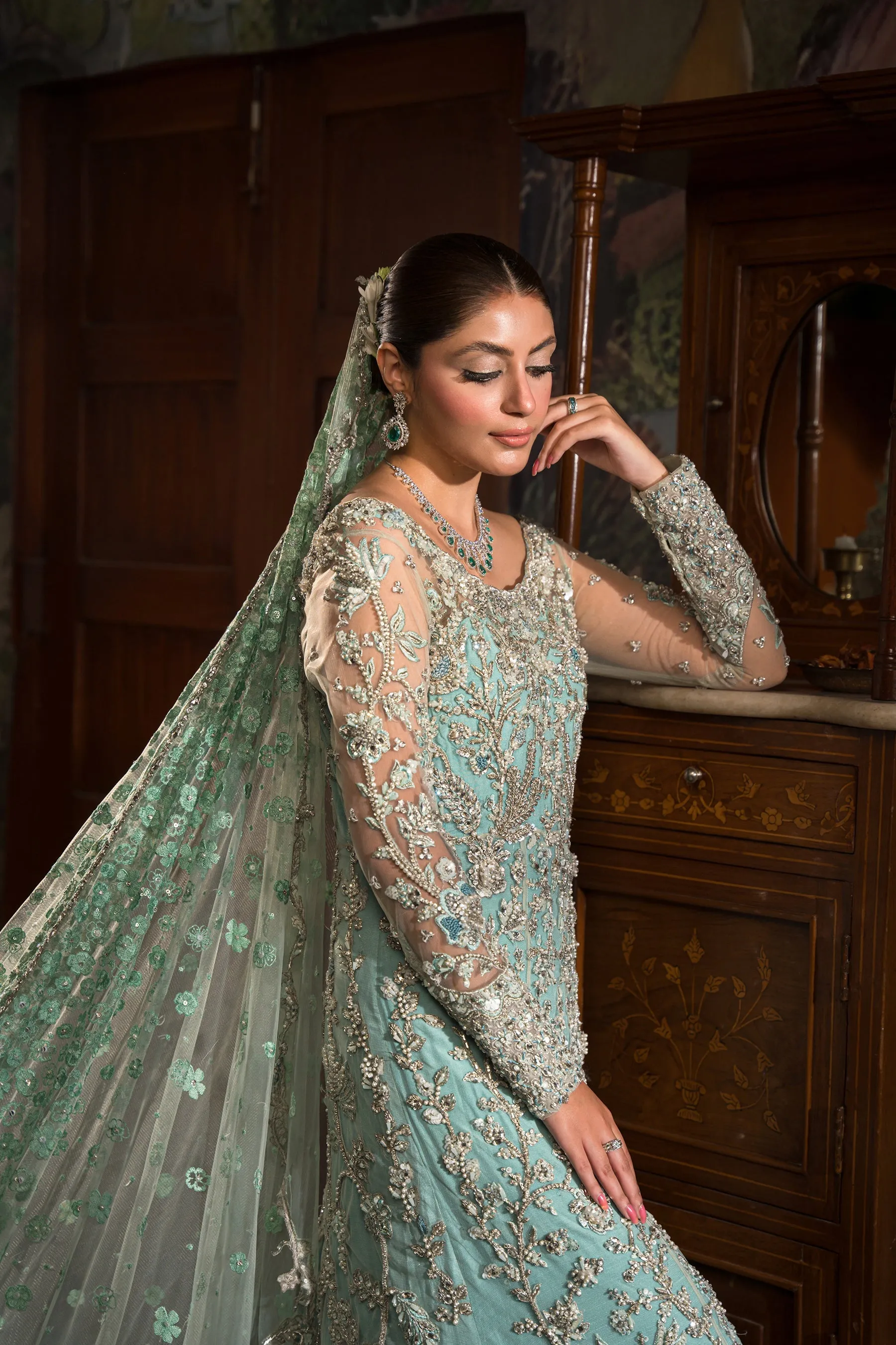 Soft Blue Heavily Embellished Pakistani Bridal Dress Royal Pishwas Gown