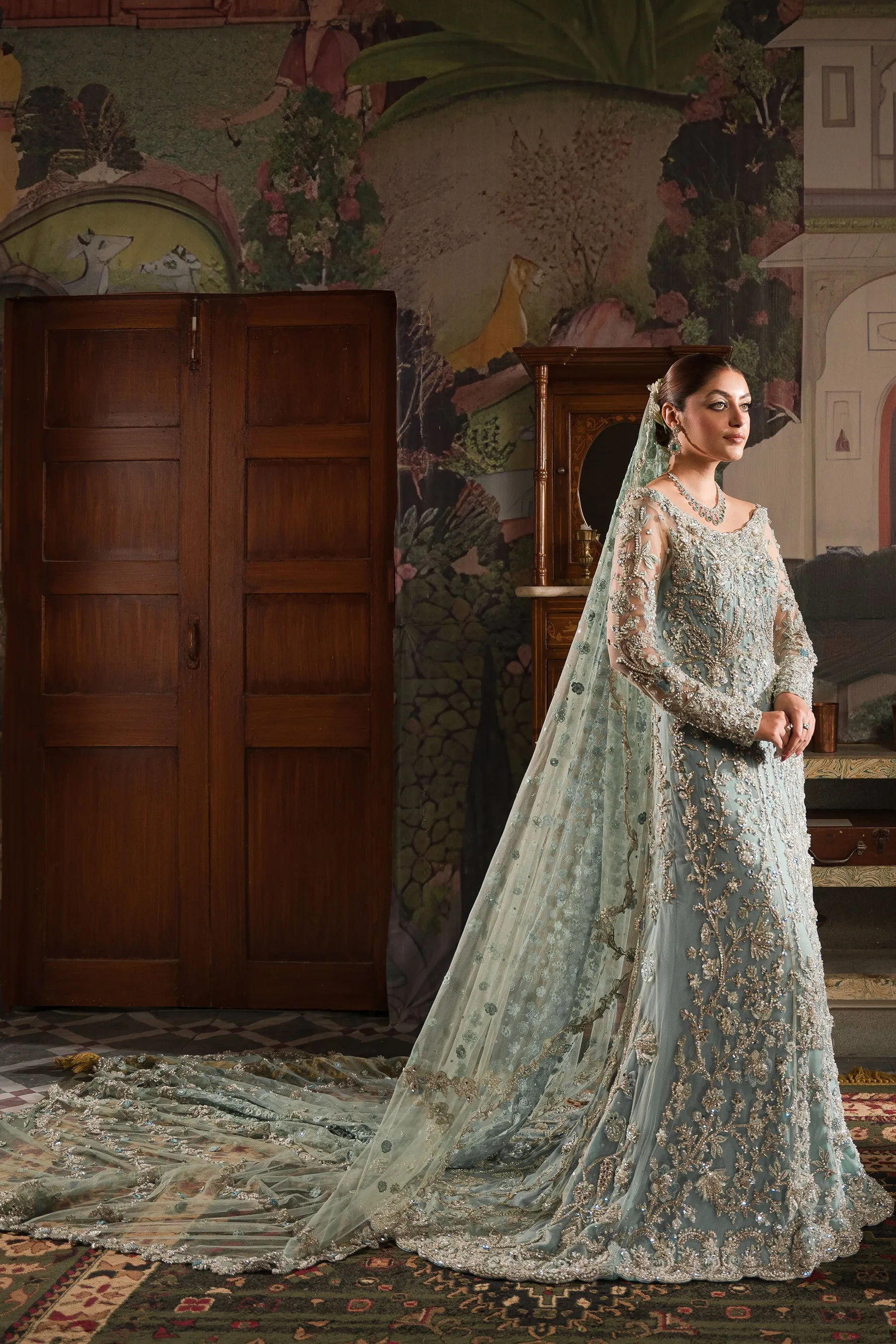 Soft Blue Heavily Embellished Pakistani Bridal Dress Royal Pishwas Gown