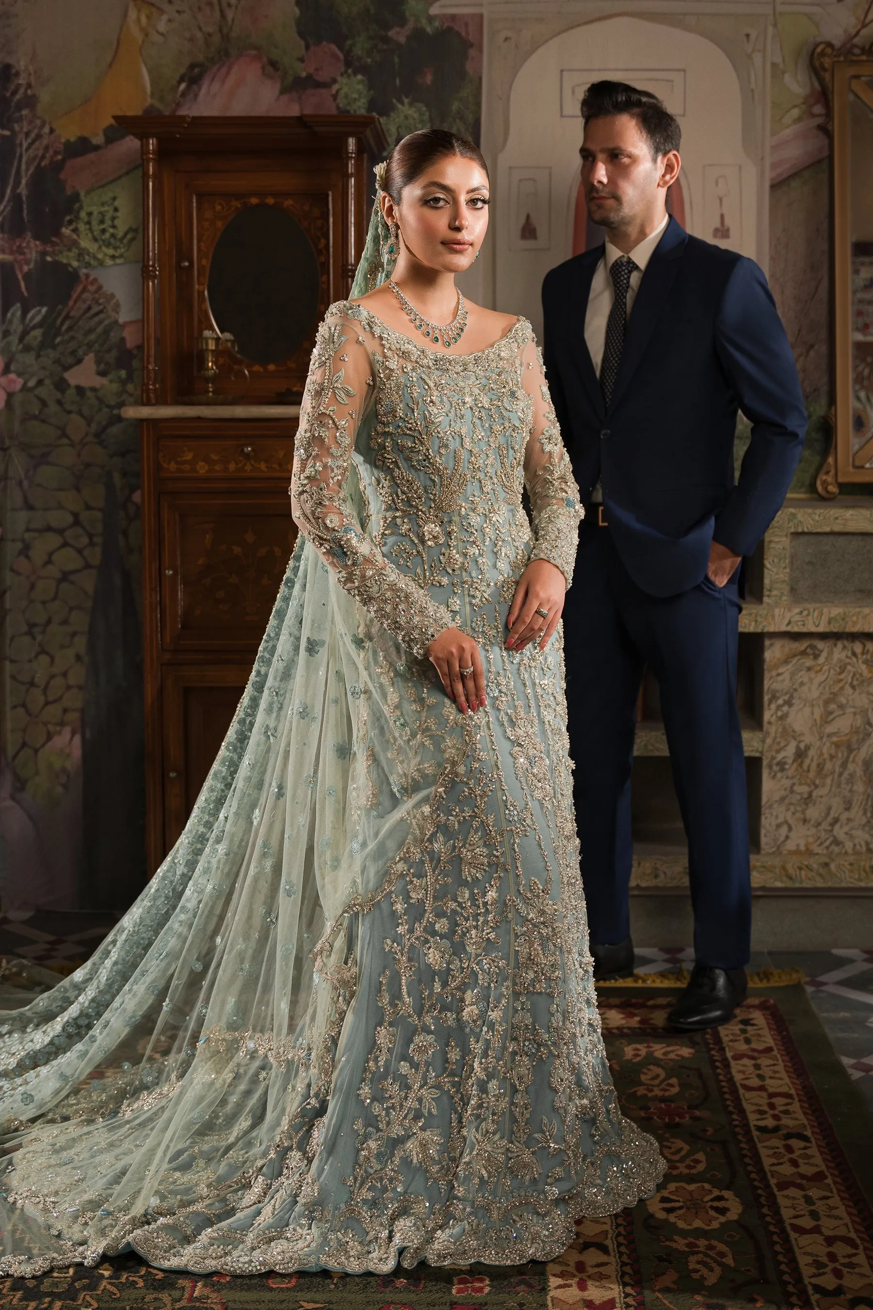 Soft Blue Heavily Embellished Pakistani Bridal Dress Royal Pishwas Gown
