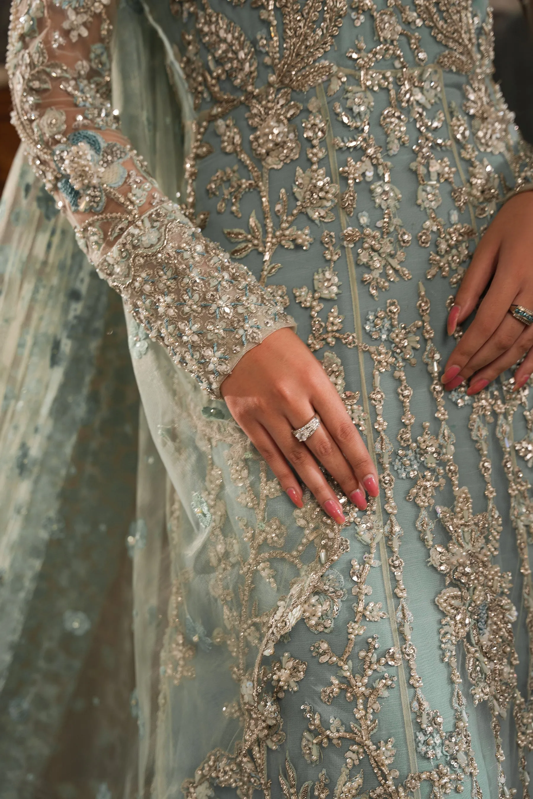Soft Blue Heavily Embellished Pakistani Bridal Dress Royal Pishwas Gown