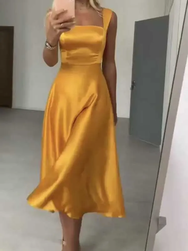Soft Square Sleeveless Satin A-line Long Prom Dresses Online, OL537