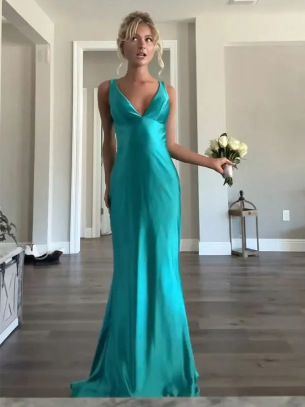 Soft V-neck Sleeveless Mermaid Satin Long Prom Dresses Online, OL506