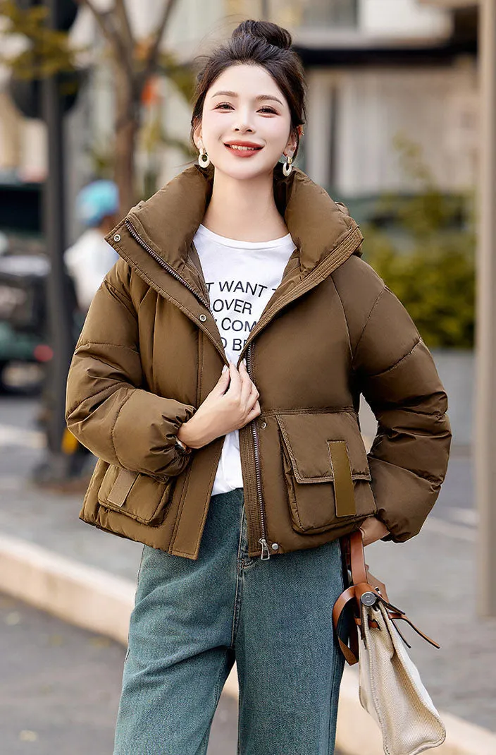 Solid Stain-resistant Cropped Jacket with Flap Pocket and Thickened Padding