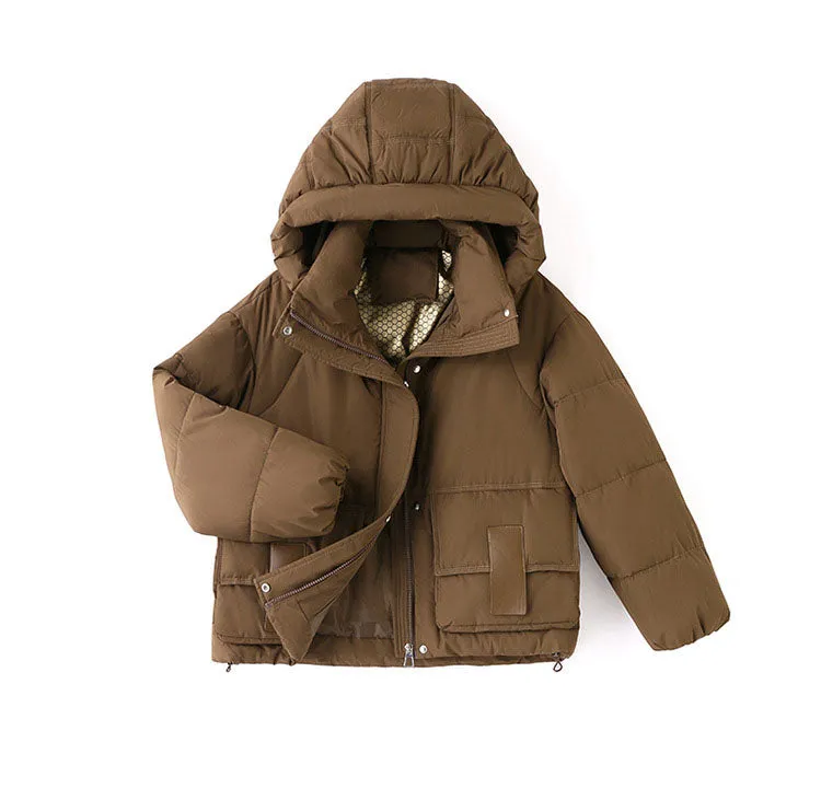 Solid Stain-resistant Cropped Jacket with Flap Pocket and Thickened Padding