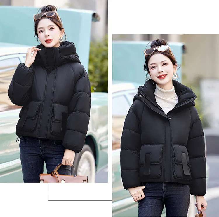 Solid Stain-resistant Cropped Jacket with Flap Pocket and Thickened Padding