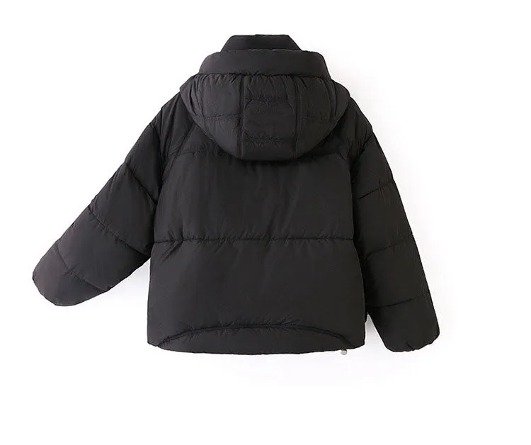 Solid Stain-resistant Cropped Jacket with Flap Pocket and Thickened Padding