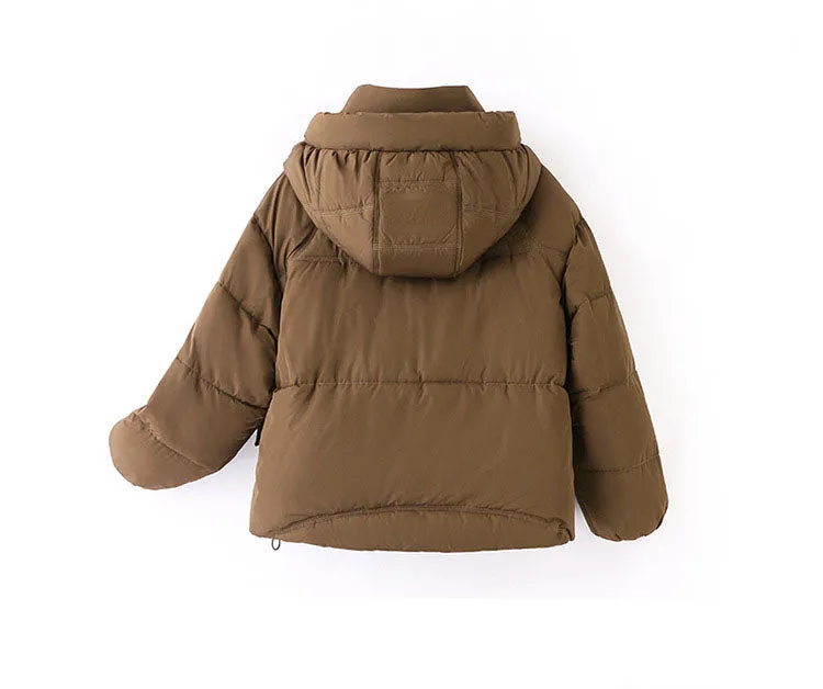 Solid Stain-resistant Cropped Jacket with Flap Pocket and Thickened Padding