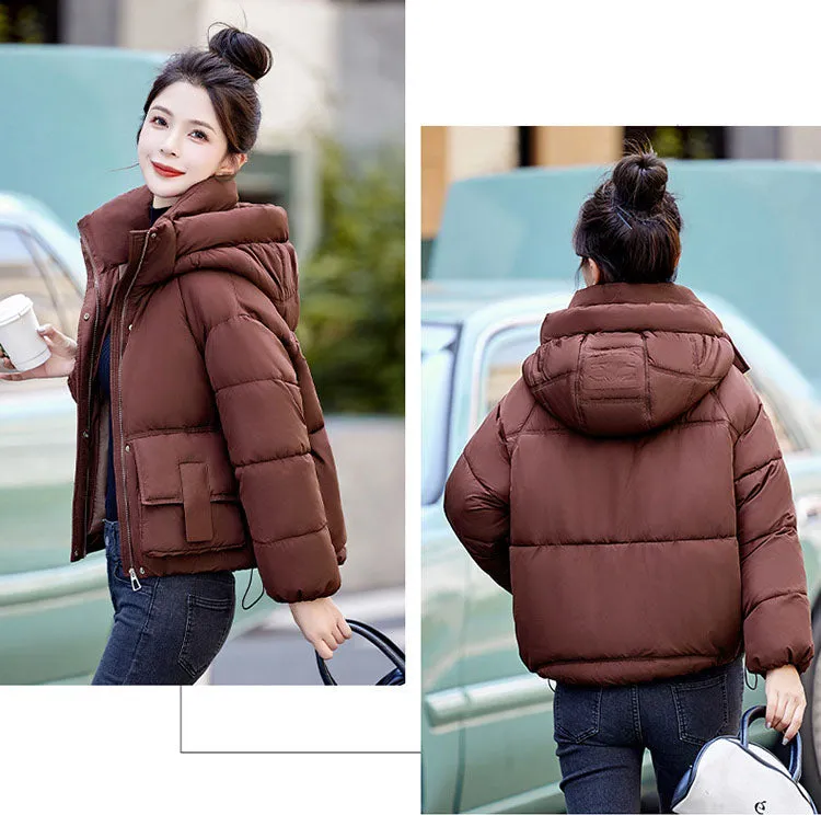 Solid Stain-resistant Cropped Jacket with Flap Pocket and Thickened Padding