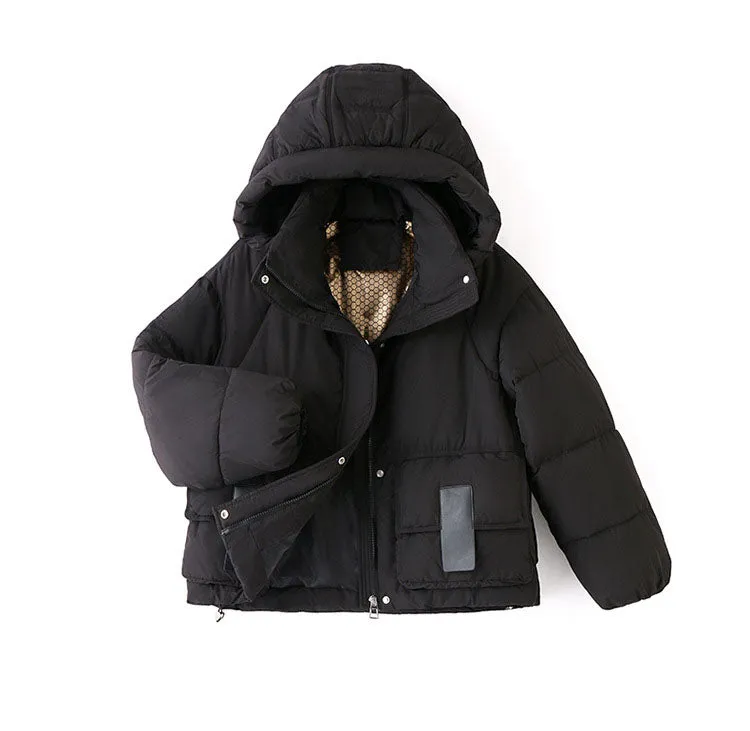 Solid Stain-resistant Cropped Jacket with Flap Pocket and Thickened Padding