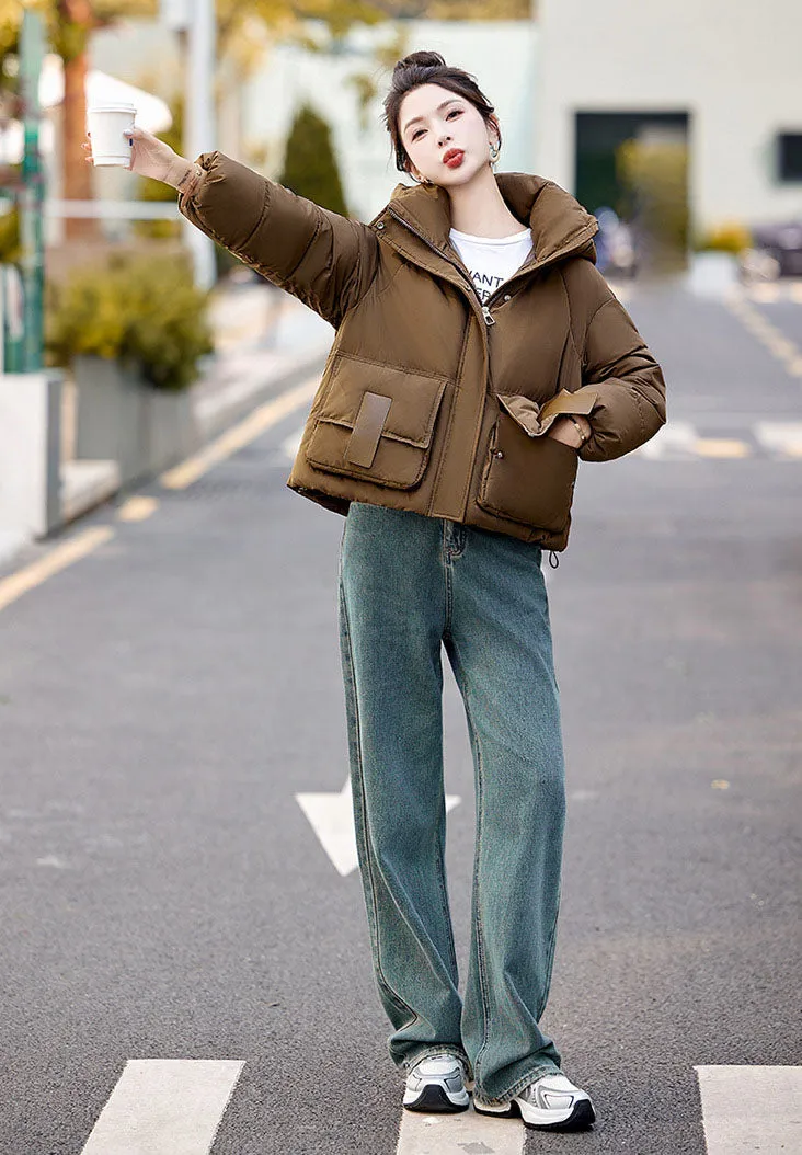 Solid Stain-resistant Cropped Jacket with Flap Pocket and Thickened Padding
