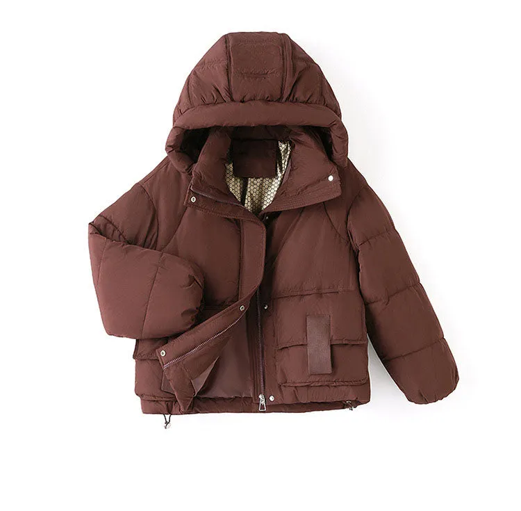 Solid Stain-resistant Cropped Jacket with Flap Pocket and Thickened Padding