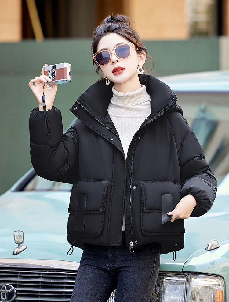 Solid Stain-resistant Cropped Jacket with Flap Pocket and Thickened Padding