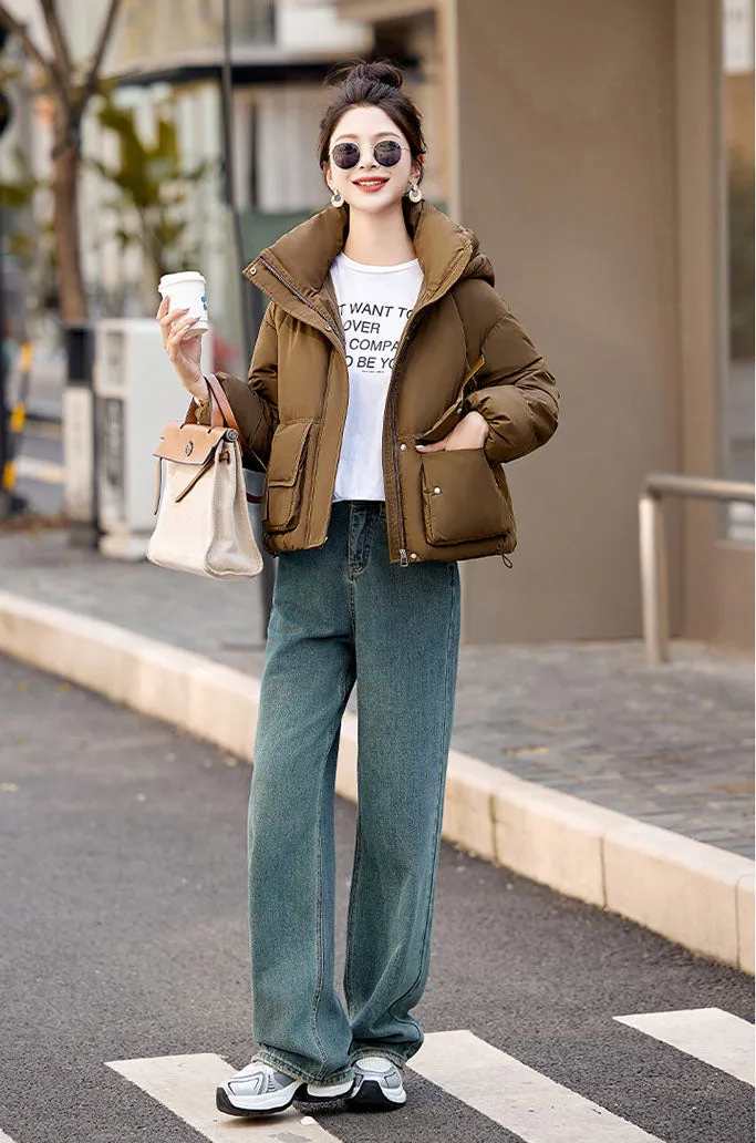 Solid Stain-resistant Cropped Jacket with Flap Pocket and Thickened Padding