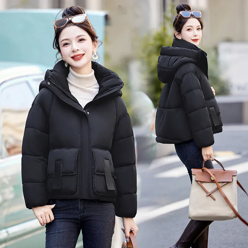Solid Stain-resistant Cropped Jacket with Flap Pocket and Thickened Padding