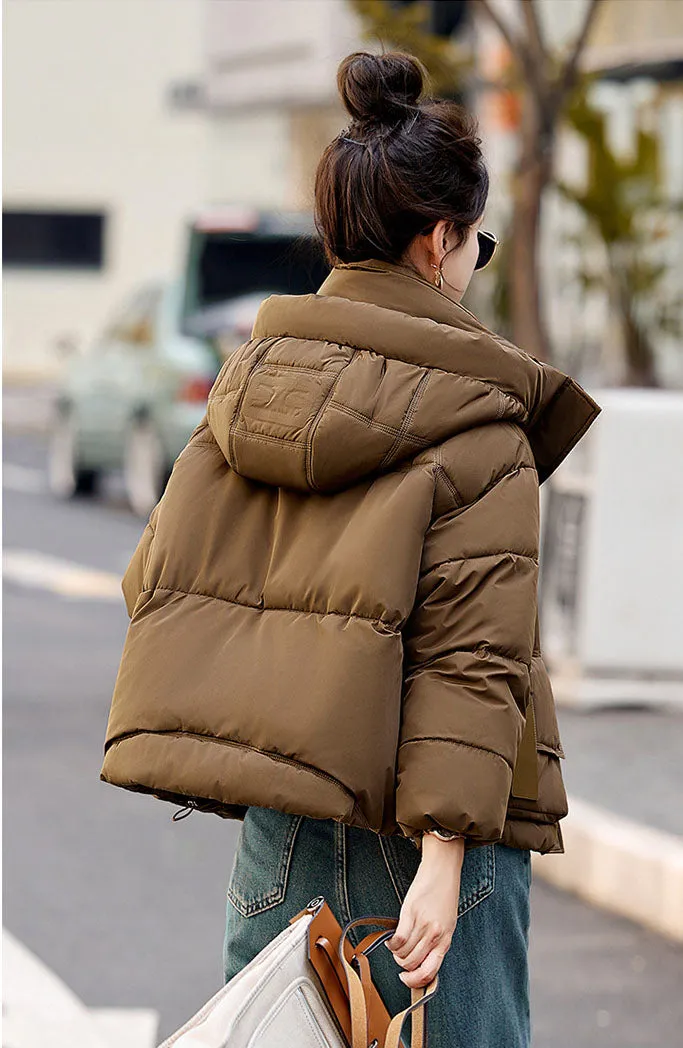 Solid Stain-resistant Cropped Jacket with Flap Pocket and Thickened Padding