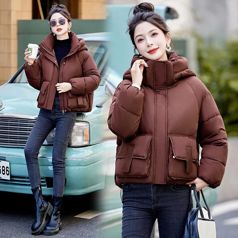 Solid Stain-resistant Cropped Jacket with Flap Pocket and Thickened Padding