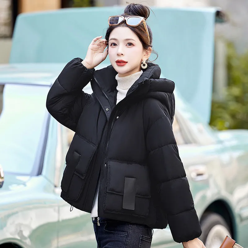 Solid Stain-resistant Cropped Jacket with Flap Pocket and Thickened Padding