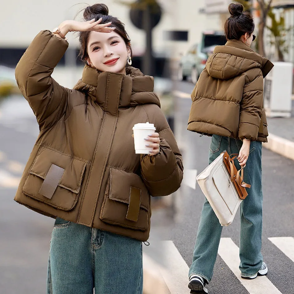 Solid Stain-resistant Cropped Jacket with Flap Pocket and Thickened Padding