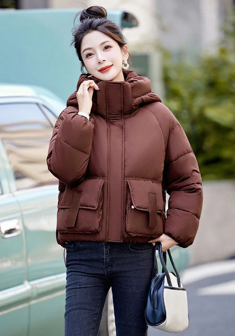 Solid Stain-resistant Cropped Jacket with Flap Pocket and Thickened Padding