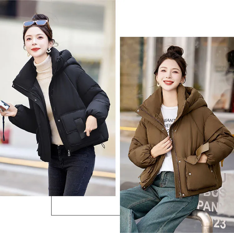 Solid Stain-resistant Cropped Jacket with Flap Pocket and Thickened Padding
