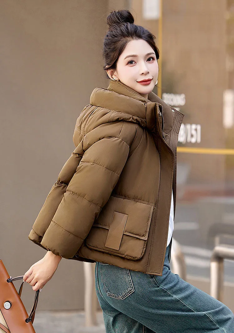 Solid Stain-resistant Cropped Jacket with Flap Pocket and Thickened Padding