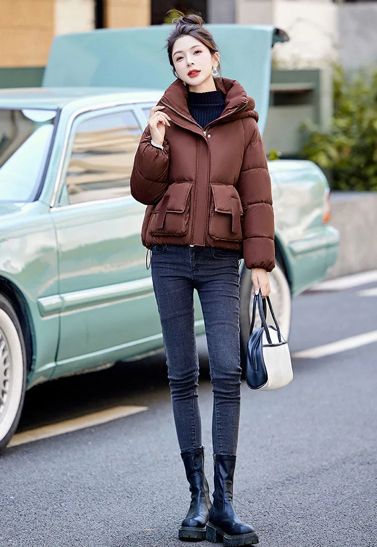 Solid Stain-resistant Cropped Jacket with Flap Pocket and Thickened Padding