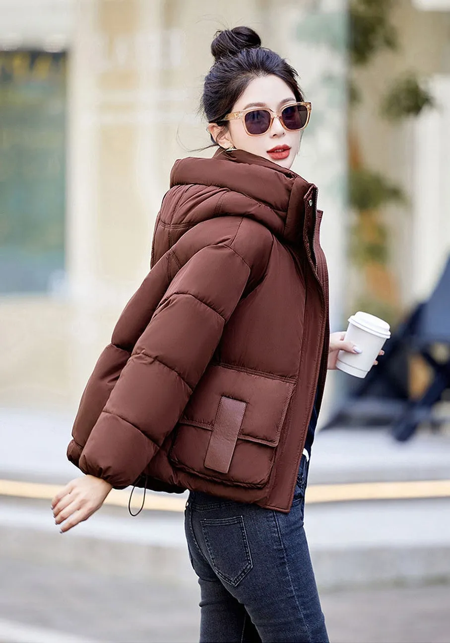 Solid Stain-resistant Cropped Jacket with Flap Pocket and Thickened Padding