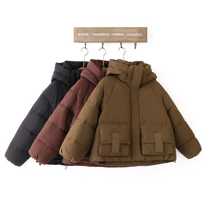 Solid Stain-resistant Cropped Jacket with Flap Pocket and Thickened Padding