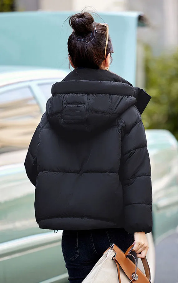 Solid Stain-resistant Cropped Jacket with Flap Pocket and Thickened Padding