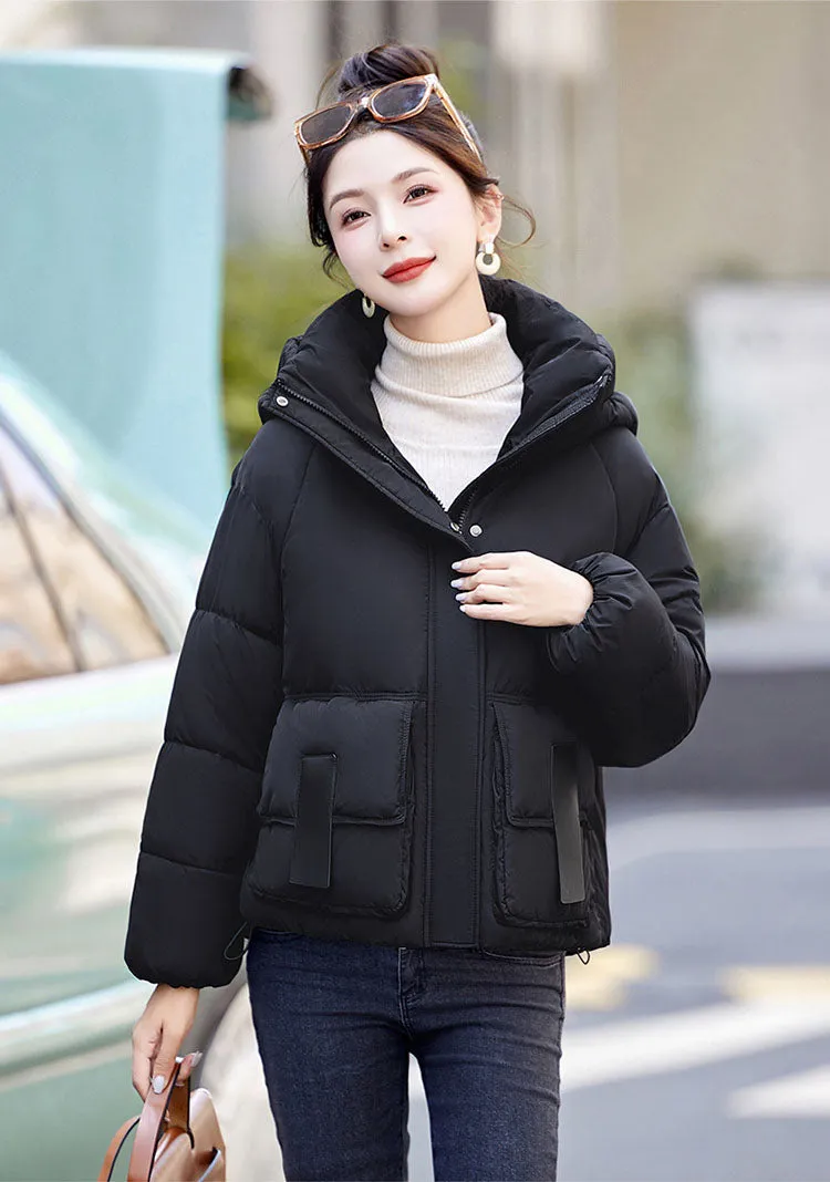 Solid Stain-resistant Cropped Jacket with Flap Pocket and Thickened Padding