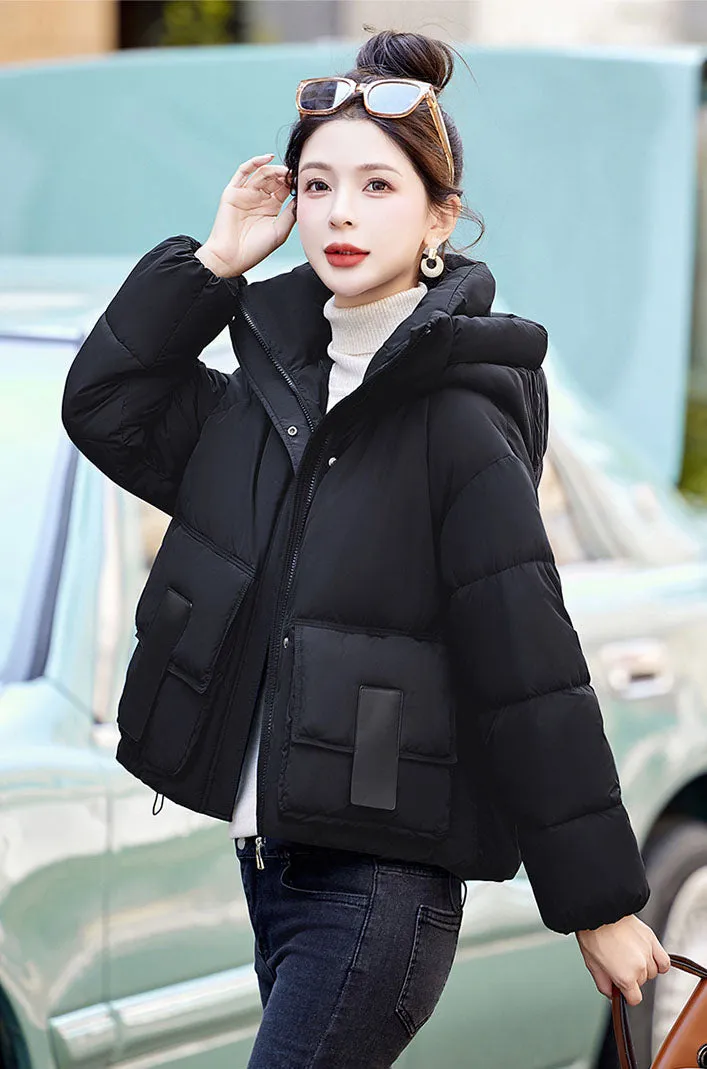 Solid Stain-resistant Cropped Jacket with Flap Pocket and Thickened Padding
