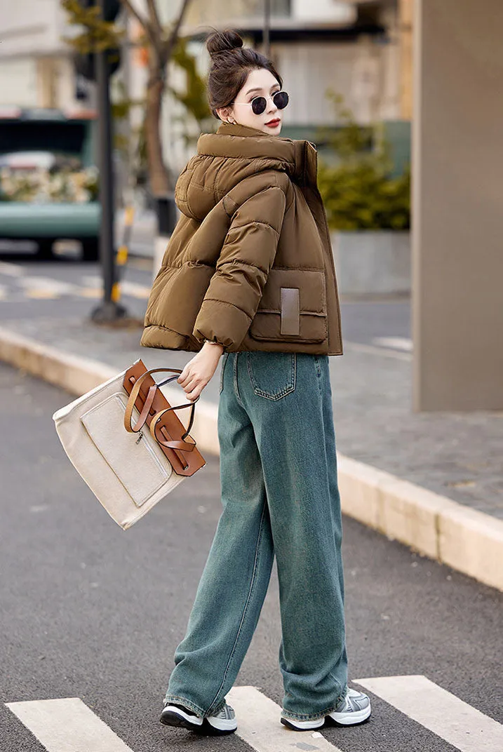 Solid Stain-resistant Cropped Jacket with Flap Pocket and Thickened Padding