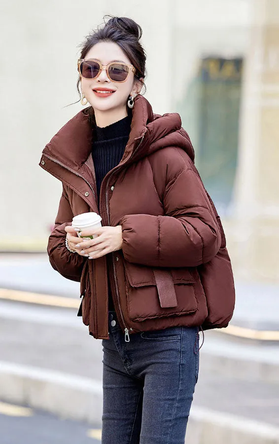 Solid Stain-resistant Cropped Jacket with Flap Pocket and Thickened Padding