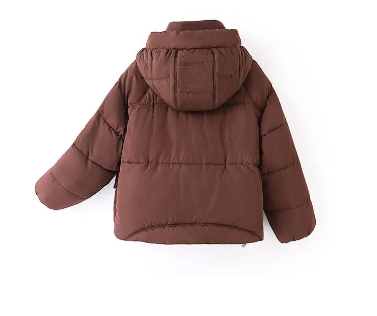 Solid Stain-resistant Cropped Jacket with Flap Pocket and Thickened Padding