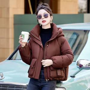 Solid Stain-resistant Cropped Jacket with Flap Pocket and Thickened Padding