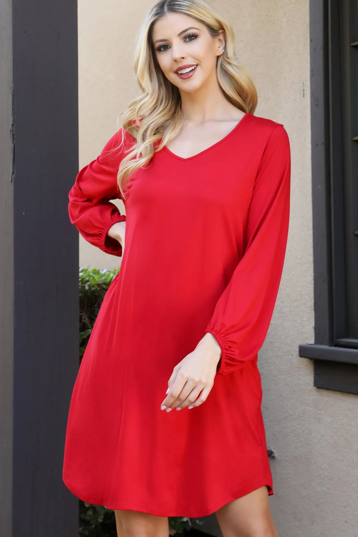Solid V-Neck Tunnel Long Sleeve Dress