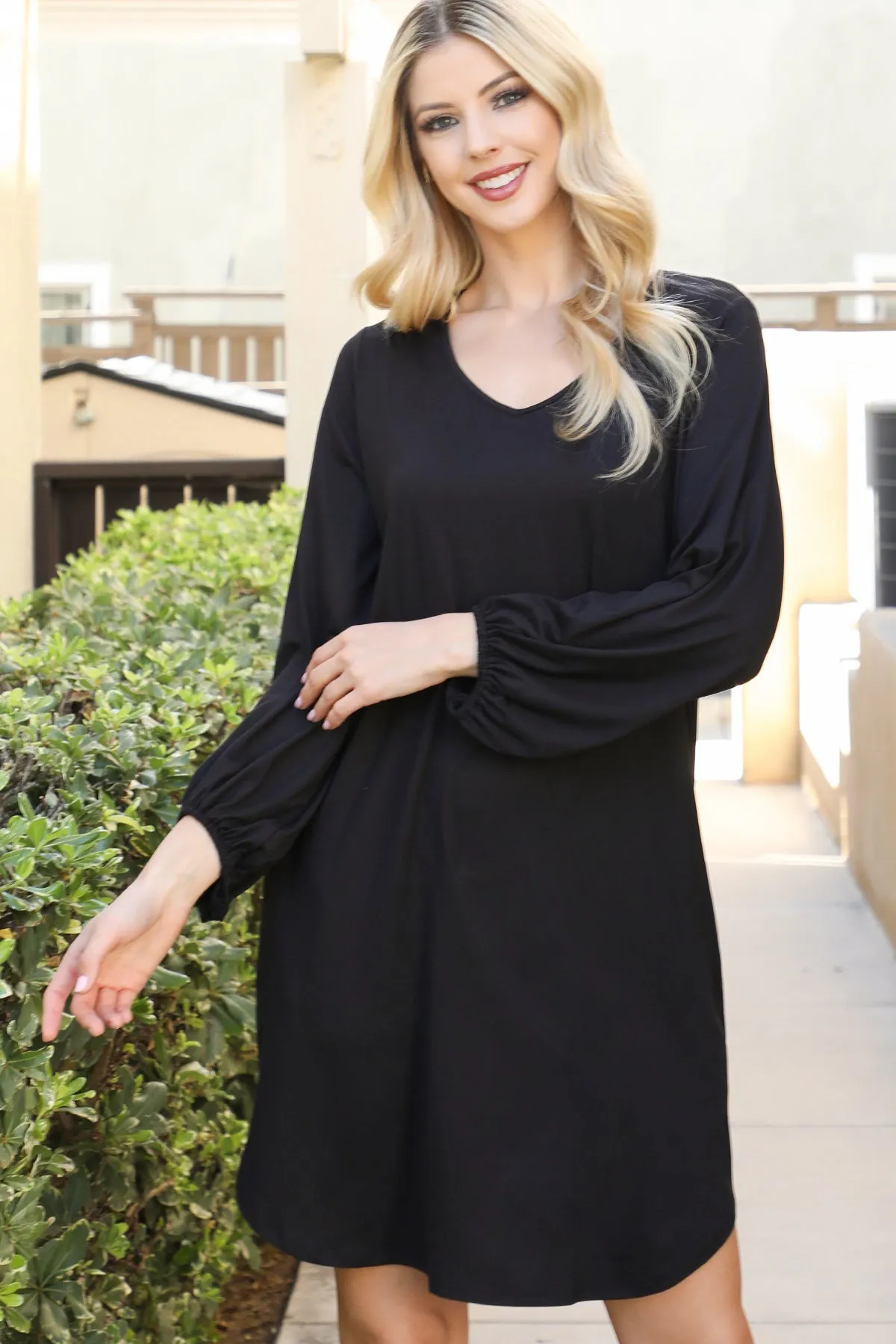 Solid V-Neck Tunnel Long Sleeve Dress