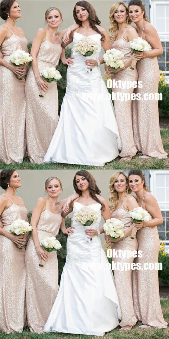 Spaghetti Straps Cheap Long Sequin Gold Bridesmaid Dresses With Sleeves, TYP0831