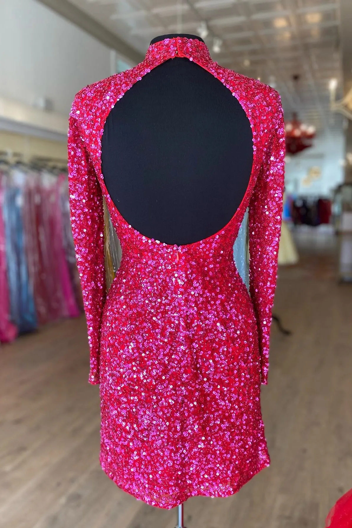 Sparkle Fuchsia Sequin Long Sleeves Bodycon Mini Party Dress