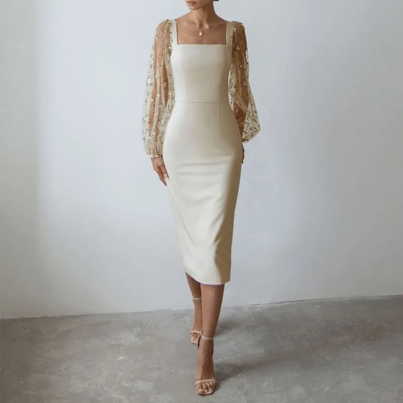 Spring Autumn Women Patchwork Embroidery Mesh Party Dress Lady Solid Lantern Sleeve Dress Elegant Square Collar Bodycon Dresses XJ0929