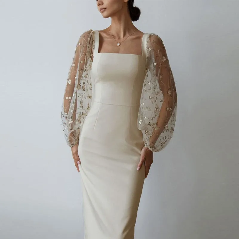 Spring Autumn Women Patchwork Embroidery Mesh Party Dress Lady Solid Lantern Sleeve Dress Elegant Square Collar Bodycon Dresses XJ0929