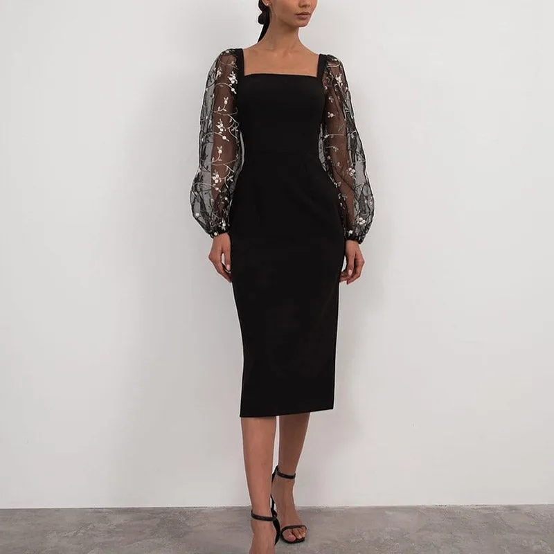 Spring Autumn Women Patchwork Embroidery Mesh Party Dress Lady Solid Lantern Sleeve Dress Elegant Square Collar Bodycon Dresses XJ0929