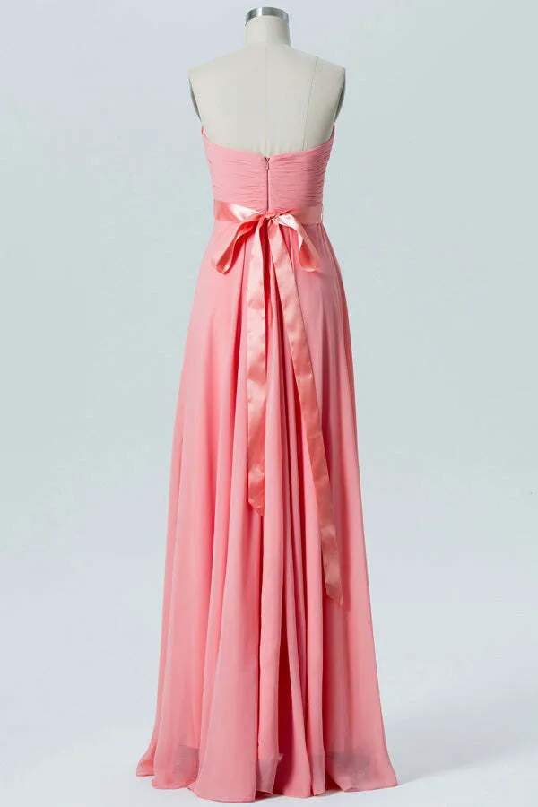 Strapless Coral Chiffon A-line Long Bridesmaid Dress