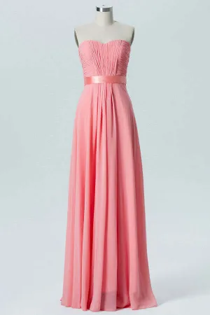 Strapless Coral Chiffon A-line Long Bridesmaid Dress